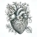 A detailed anatomical heart with pastel colors and floral elements intertwined, representing the love and care of nursing profession tattoo design idea