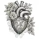 A detailed anatomical heart with pastel colors and floral elements intertwined, representing the love and care of nursing profession tattoo design idea