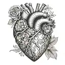 A detailed anatomical heart with pastel colors and floral elements intertwined, representing the love and care of nursing profession tattoo design idea