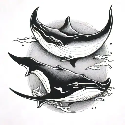 Hand poke tattoo of two Manta rays swimming each in different position but on the same direction. Their tails are long a tattoo design idea