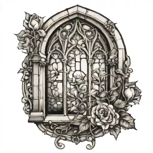 gothic window with flowers round tattoo design idea