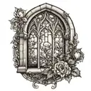 gothic window with flowers round tattoo design idea