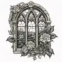 gothic window with flowers round tattoo design idea