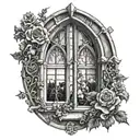 gothic window with flowers round tattoo design idea