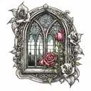 gothic window with flowers round tattoo design idea