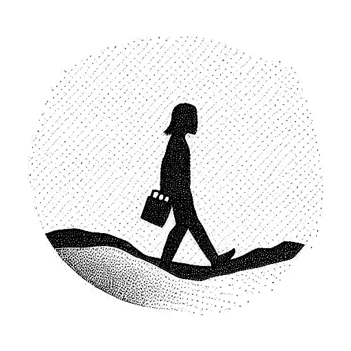A trail consisting of fingerprints with a person walking towards the horizon. In the background there are mountains and  tattoo design idea