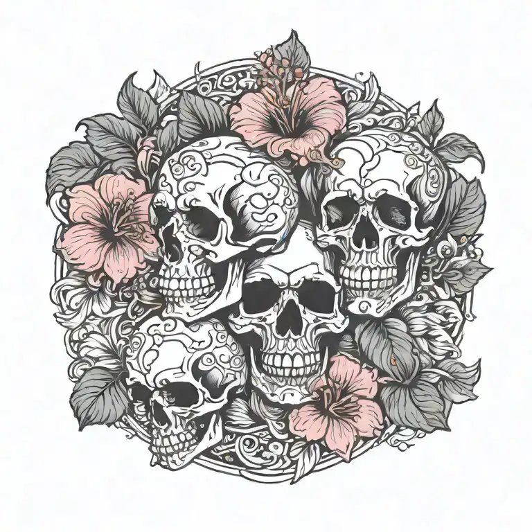 skulls and roses hibiscus flower intertwined tattoo design idea