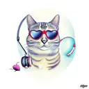 A tattoo design of a cat wearing sunglasses and listening to music on a beach, combining the client's love for cats, music, and sunsets tattoo design idea