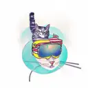 A tattoo design of a cat wearing sunglasses and listening to music on a beach, combining the client's love for cats, music, and sunsets tattoo design idea