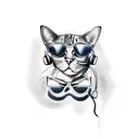 A tattoo design of a cat wearing sunglasses and listening to music on a beach, combining the client's love for cats, music, and sunsets tattoo design idea