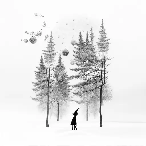 A surreal winter landscape with a silhouette of a girl named Baran enjoying a glass of wine tattoo design idea