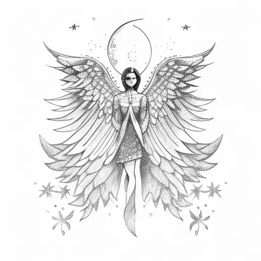 Blue flowers, simple angel wings, moon, stars tattoo design idea