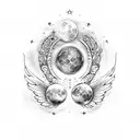 Blue flowers, simple angel wings, moon, stars tattoo design idea