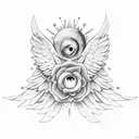 Blue flowers, simple angel wings, moon, stars tattoo design idea