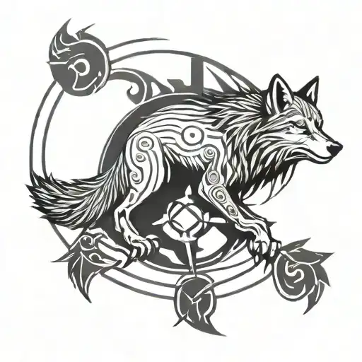 wolf from witcher sideways wih the circle of 2 lines, inside the lines with norse carvings, outside the lines a compass  tattoo design idea