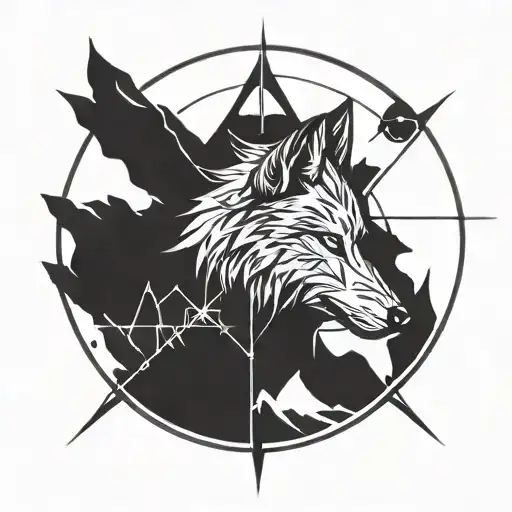 wolf logo from the witcher, around a compass, the line of compass is out of norse ruins  tattoo design idea