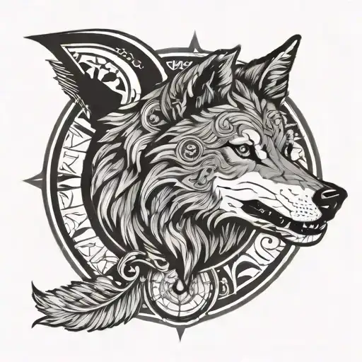 Latvian tradinional carvings and signs in a cricle around a wolf head sideways, outside the circle compass signs  tattoo design idea
