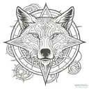 wolf logo from witcher wih the circle of 2 lines, inside the lines with norse carvings, outside the lines a compass  tattoo design idea