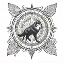 wolf logo from witcher wih the circle of 2 lines, inside the lines with norse carvings, outside the lines a compass  tattoo design idea