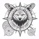 wolf logo from witcher wih the circle of 2 lines, inside the lines with norse carvings, outside the lines a compass  tattoo design idea