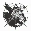 wolf logo from the witcher, around a compass, the line of compass is out of norse ruins  tattoo design idea