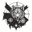 wolf logo from the witcher, around a compass, the line of compass is out of norse ruins  tattoo design idea