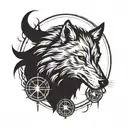 wolf logo from the witcher, around a compass, the line of compass is out of norse ruins  tattoo design idea
