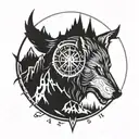 wolf logo from the witcher, around a compass, the line of compass is out of norse ruins  tattoo design idea