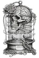 a brain inside a birdcage wich is linked by a chain to a little plate wich has "society" written on it tattoo design idea