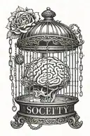 a brain inside a birdcage wich is linked by a chain to a little plate wich has "society" written on it tattoo design idea