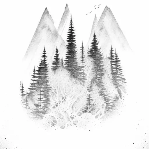 tattoo design for a men's arm sleeve featuring evergreen trees, a lake with a reflection, mountains in the background, a tattoo design idea