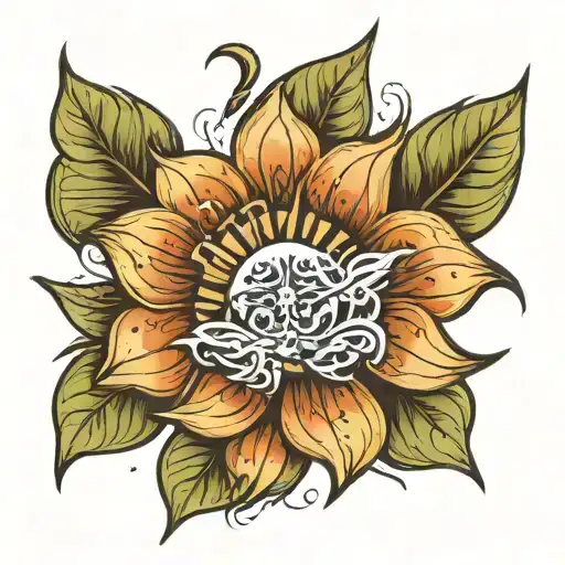 create an image of a tattoo on the back of a flower with a sun, written from top to bottom on the stem of the alis volat flower tattoo design idea