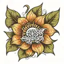 create an image of a tattoo on the back of a flower with a sun, written from top to bottom on the stem of the alis volat flower tattoo design idea
