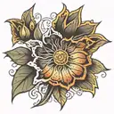 create an image of a tattoo on the back of a flower with a sun, written from top to bottom on the stem of the alis volat flower tattoo design idea