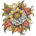 create an image of a tattoo on the back of a flower with a sun, written from top to bottom on the stem of the alis volat flower tattoo design idea