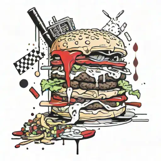 a burger, kebab and pizza in a lego, rotuled sopatets tattoo design idea