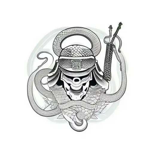 A military helmet adorned with a snake wrapped around a sword tattoo design idea