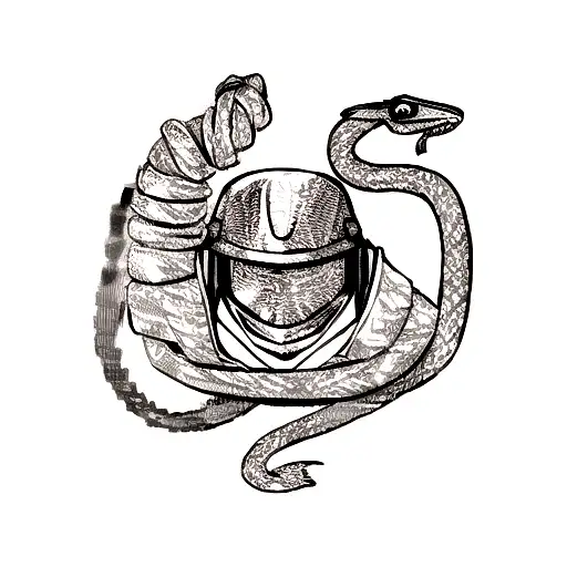 A military helmet adorned with a snake wrapped around a sword tattoo design idea