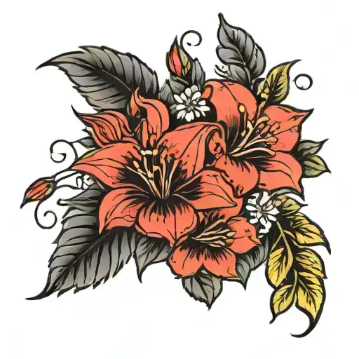 A variety of flowers (excluding sunflowers), such as roses and lilies, and cherry blossoms, in a mix of red and black  tattoo design idea