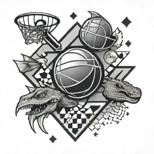 A minimalist geometric pattern incorporating elements of basketball and reptiles to represent your son tattoo design idea