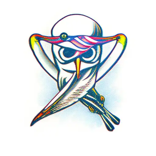 pelican with eye patch, peg leg, and shirt that says "Who Can?" tattoo design idea