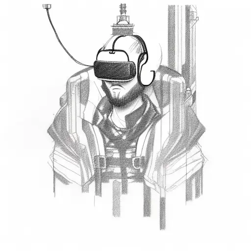 Design a sketch-style tattoo showcasing a hacker character immersed in a virtual reality gaming world tattoo design idea