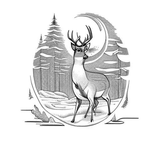 deer in Forest, with dachshund, River and moon tattoo design idea
