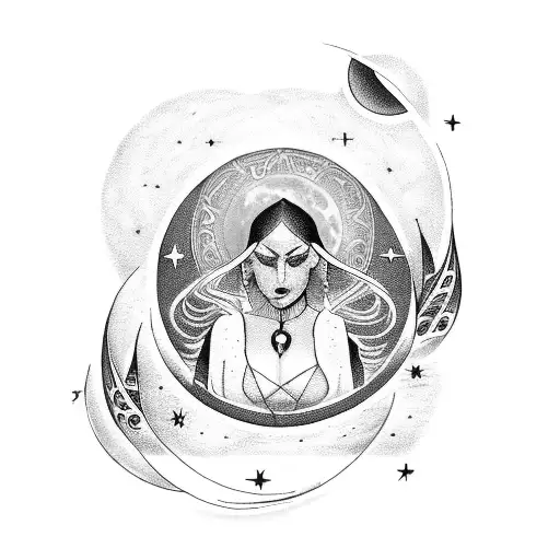 High priestess tarot card surrounded by a moon and stars with negative spacing outside of the card. Work in flowers and  tattoo design idea