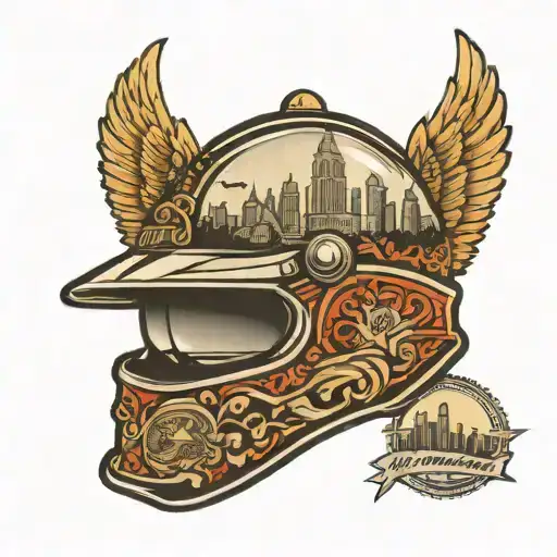A driver's helmet with a skyline of Florida, California, and New York reflected in the visor tattoo design idea