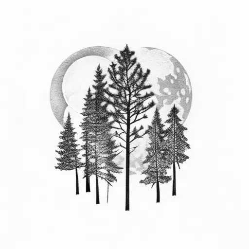 deer skull with pine trees behind during night woth full moon tattoo design idea