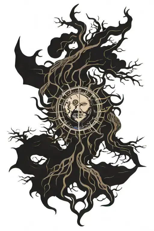 roots wrapping sun and moon made tattoo design idea