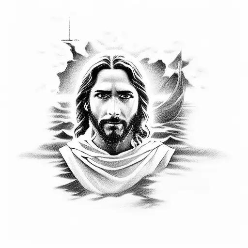 Depiction of Jesus Christ walking on water tattoo design idea