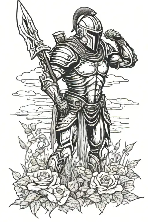 A wounded spartan warrior standing Victorious with his helmet off after battle in a rose field with weapons with shreds  tattoo design idea
