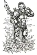 A wounded spartan warrior standing Victorious with his helmet off after battle in a rose field with weapons with shreds  tattoo design idea